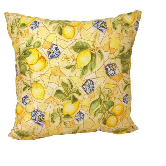 Lemon Print Tuscan Mosaic Tile Cotton Fabric Throw Pillows 16" Square - Set 3 - Picture 4 of 7